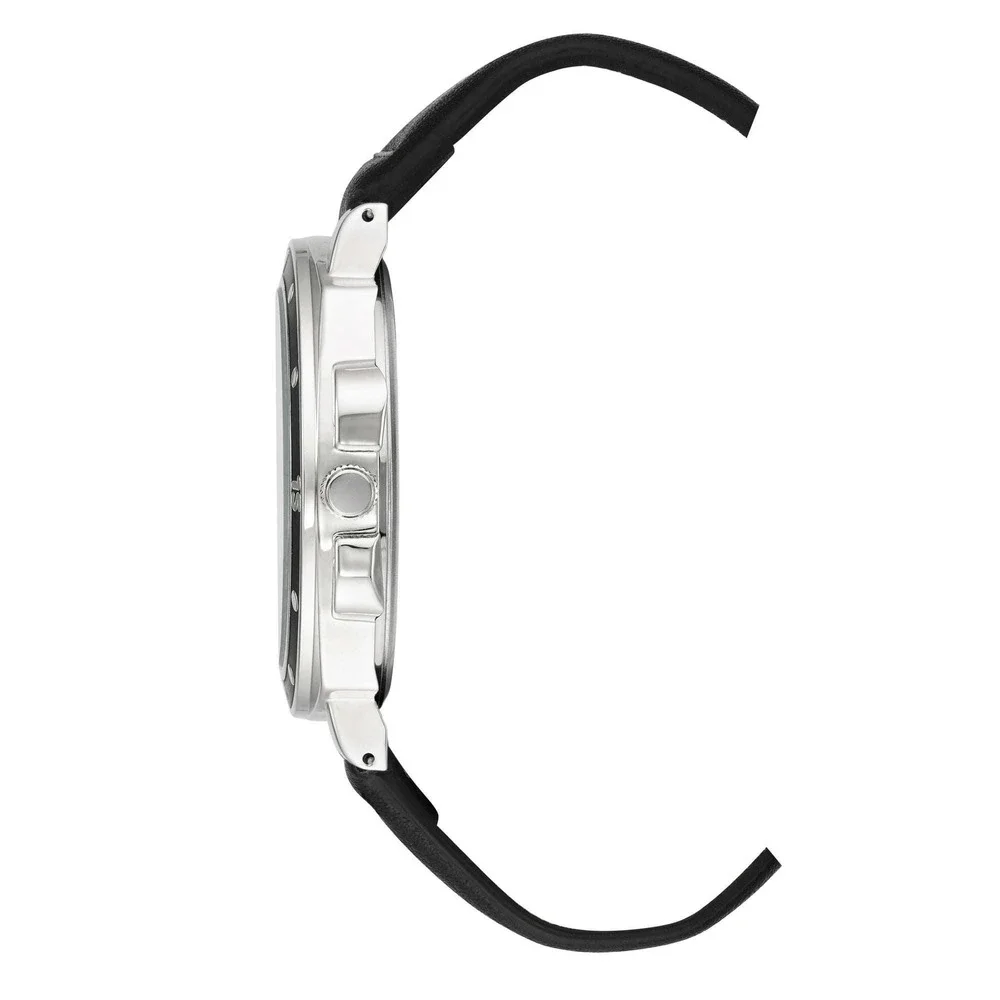 George Silver Tone Black Case Vegan Leather Strap Mens‎ Analog Watch NEW